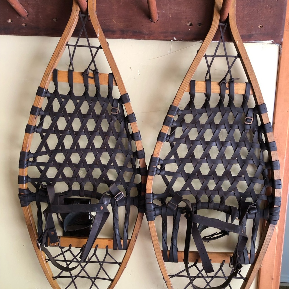 Vintage Wooden Snowshoes with Black Leather Lacing